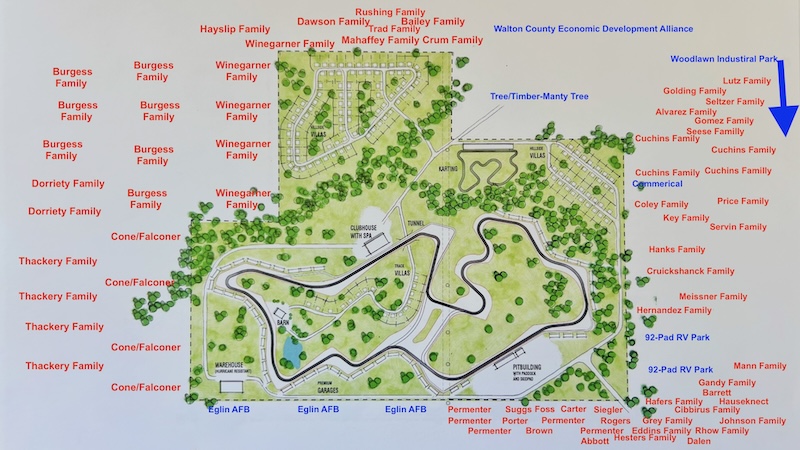 DeFuniak Racetrack conceptual plan showing hundreds of families within "shoutin' distance proximity to the proposed development.