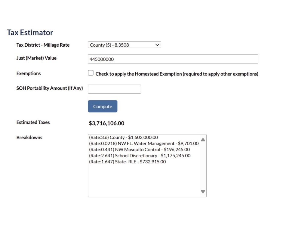 DeFuniak Racetrack Economic Benefit tax calculater estimates based on sales estimates not actual market data.