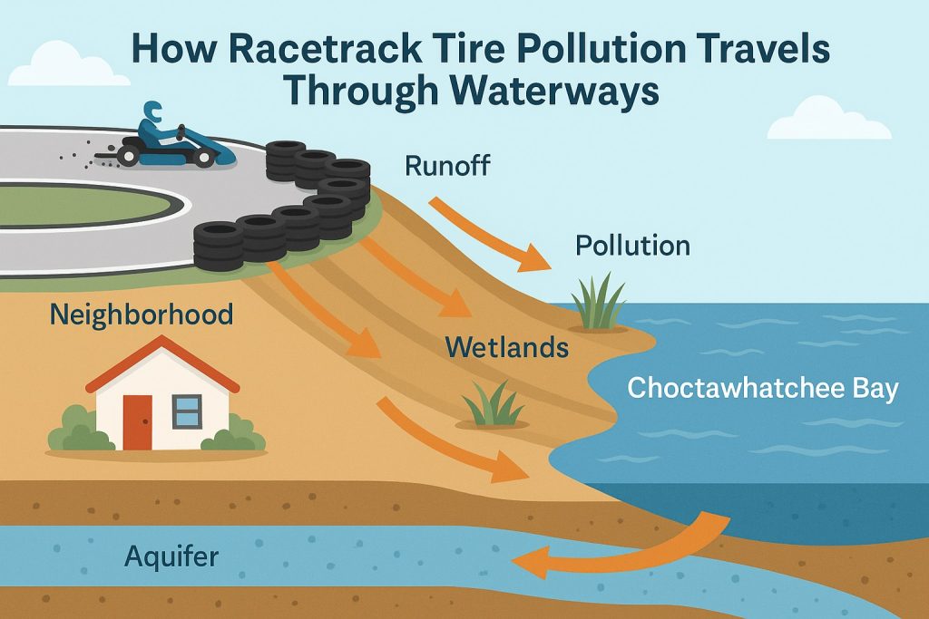 A graphic showing how a private racetrack in DeFuniak Springs could pollute local waterways, drinking water and more due to contaminants from rubber tires. 