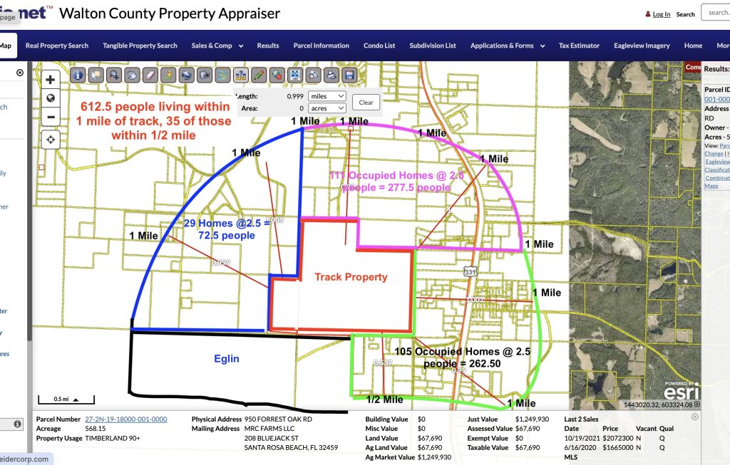 More than 600 people live within 1 mile of the proposed Emerald Coast Motor Club track in DeFuniak Springs, 35  of them within 1/2 mile. This land use map from Walton County property appraiser shows the area in question.