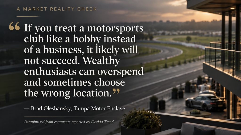 Tampa Motor Enclave founder Brad Oleshansky says private motorsports club projects should not be built as a hobby but as a business and many developers are not considering the market feasability.